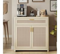 VASAGLE Collection ELLAN - Buffet de Style Bohème avec Portes Effet Cannage Rotin, Coins Arrondis, Étagère Réglable, Tiroir, pour Cuisine, Salle à Manger, Beige Naturel BBK601LC01,38D x 80W x 80H cm