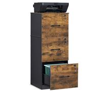 VASAGLE Custos Collection, Meuble de Bureau, avec 3 Tiroirs Verrouillables | Meuble de Rangement, Support pour Imprimante, Tringles Réglables, Compatible avec Formats A4, Marron Rustique OFC055B01