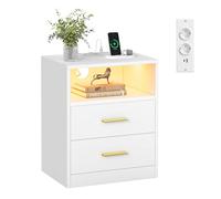 VASAGLE Custos Collection - Table de Chevet avec Multiprise, LED, Table d’Appoint avec Tiroirs, Compartiment Ouvert, 2 Prises CA, Ports USB, Blanc Nuage LET629WB01