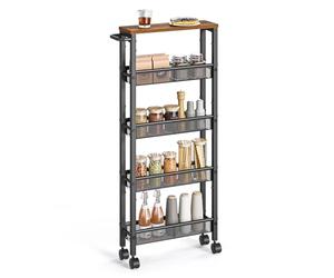 VASAGLE Desserte 5 Niveaux, Étagère de Cuisine Fin avec roulettes, Cadre en Acier, Poignée, Petit Espace, 13 x 45,4 x 99,6 cm, Salle de Bain, Salon, Bureau, Marron Rustique et Noir LRC034B01
