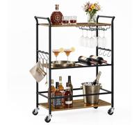 VASAGLE Desserte à roulettes, 3 Niveaux, avec Porte-Bouteilles et Porte-Verres, 64,5 x 32 x 85,5 cm, pour Bar, Marron Rustique et Noir Mat, Collection Barnet LRC200K101