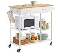 VASAGLE Desserte de Cuisine à roulettes, Îlot de Cuisine Mobile, 2 Tiroirs | 45 x 98,7 x 90 cm, avec Porte-serviettes, 2 Crochets, Beige Chêne et Blanc Mat, Collection BARNET KKI010Y01