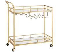 VASAGLE Desserte pour Boissons, Chariot à roulettes, Meuble de Cuisine, 2 Niveaux en Verre Réfléchissant, avec Porte-Bouteilles, Porte-Verres, pour Bar, Cuisine, Salle à Manger, Doré LRC090A03