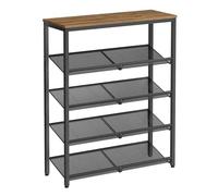 VASAGLE Étagère à chaussures à 5 niveaux avec étagères et grand dessus, étagères réglables en maille, gain de place pour entrée, couloir, acier, industriel, marron miel et noir encre LBS038K01