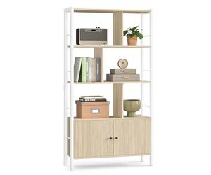VASAGLE Étagère, Bibliothèque à 4 Niveaux, Meuble de Rangement, Placad, avec Portes, Grand, Cadre en Acier, pour Salon, Bureau, Chambre, Style Moderne, Beige Naturel et Blanc Nuage LBC022LL01