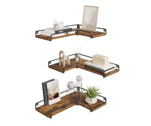 VASAGLE Étagère d’Angle en Forme de L, Lot de 3, Étagère Murale Suspendue, Tablette Flottante, Style Industriel, pour Salon, Chambre, Cuisine, Marron Rustique LLS833KD01