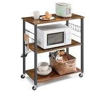 VASAGLE Étagère de Cuisine à roulettes, Chariot à 3 Niveaux, Support pour Micro-Ondes, Four, Grille-Pain, Cadre Métallique avec 6 Crochets, 40 x 80 x 89 cm, Marron Rustique et Noir d'encre KKS067K01
