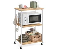 VASAGLE Étagère de Cuisine à roulettes, Chariot à 3 Niveaux, Support pour Micro-Ondes, Four, Grille-Pain, Cadre Métallique avec 6 Crochets, 40 x 60 x 89 cm, Doré Chêne et Blanc Nuage KKS060Y09