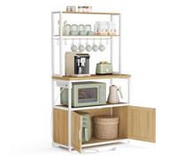VASAGLE Étagère de Cuisine avec Multiprise, 40 x 80 x 170 cm | Bar à Café avec Plan de Travail de 90 cm de hauteur, Support pour Micro-ondes avec 8 Crochets, Doré Chêne et Blanc KKS059YA02