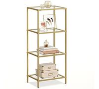 VASAGLE Étagère en Verre 4 Niveaux, Bibliothèque, Étagère de Rangement, Verre Trempé, Facile à Monter, pour Salle de Bain, Salon, Chambre, Bureau, Doré LGT28G