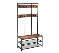 VASAGLE Grand portemanteau, Meuble d’entrée, avec 12 Crochets et Banc à Chaussures, Style Industriel, Vestiaire, Étagère, pour Bureau, Chambre, Cadre en Acier, Marron Rustique et Noir HSR86BX