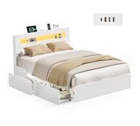 VASAGLE Kailyn Collection - Cadre de Lit avec 2 Tiroirs Coulissants 140 x 190 cm, Lit Double, avec LED, Multiprise, en MDF et Acier, avec Sommier, Style Moderne, Blanc Mat RMB953W01V2