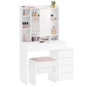 VASAGLE Kailyn Collection - Coiffeuse avec LED, 3 Luminosités Réglables, Table de Maquillage avec Miroir, Tiroirs, Compartiments Ouverts, Tabouret, Étagères Réglables, Moderne, Blanc Nuage RDT125WB01