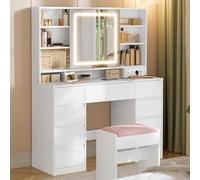 VASAGLE Kailyn Collection - Coiffeuse avec Miroir LED et Tabouret, Multiprise, 9 Tiroirs, Loupe 10x, Rangement Bijoux, Éclairage 3 Couleurs, Installation des Rails sans Outils, Blanc Nuage RDT737W01