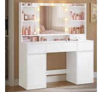 VASAGLE Kailyn Collection - Coiffeuse avec Miroir LED, Multiprise, 2 Placards, 9 Ampoules, Rangement Bijoux, Éclairage 3 Couleurs, Installation des Rails sans Outils, Blanc Nuage RDT142WB02