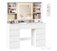 VASAGLE Kailyn Collection - Coiffeuse avec Miroir LED, Multiprise, 9 Tiroirs, Loupe 10x, Rangement Bijoux, Éclairage 3 Couleurs, Installation des Rails sans Outils, Blanc Nuage RDT137W01