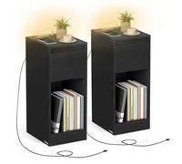 VASAGLE Kailyn Collection - Lot de 2, Table de Chevet Étroite, Table d’Appoint, avec Éclairage LED, 1 Port USB-A, 1 Port USB-C, Tiroirs et Compartiments Ouverts, Chambre, Salon, Noir Boisé LET710B01