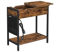 VASAGLE LET311B01 Table de Charge avec Prise électrique, Table de Chevet Rabattable avec étagère de Rangement et Sac en Tissu, pour Salon, Chambre à Coucher, Marron Rustique et Noir