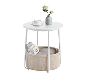 VASAGLE LILEA Collection - Petite Table Basse Ronde, Table d’Appoint avec Panier en Tissu, Rangement, pour Salon, Chambre, Style Moderne, Blanc Mat et Marron Camel LET223W10