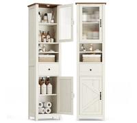VASAGLE LIRY Collection - Armoire Salle de Bain Style Campagne, Meuble de Rangement Mince, Compartiments Ouverts, 1 Tiroir, avec Portes, Blanc Rustique et Marron Miel, 31,5 x 40 x 171 cm BBK760W101