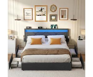VASAGLE Lit Double, 160 x 200 cm, avec LED, 4 Tiroirs, Multiprise | Tête de Lit Rembourrée Ajustable, Pas Besoin de Sommier, En Métal, Gris ardoise, Collection MAZEY RMB828G02