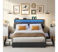 VASAGLE Lit Double, 160 x 200 cm, avec LED, en Métal, 4 Tiroirs, Multiprise, Tête de Lit Rembourrée Ajustable, Pas Besoin de Sommier, Gris Ardoise et Noir Mat RMB828G02