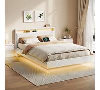VASAGLE Lit Double, Cadre de Lit, 140 x 190 cm, avec Éclairage LED | Lit Flottant, Tête de Lit Haute, Multiprise, Style Moderne, Blanc Nuage, Collection KACY RMB863W01