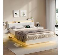 VASAGLE Lit Double, Cadre de Lit, 160 x 200 cm, avec Éclairage LED | Lit Flottant, Tête de Lit Haute, Multiprise, Style Moderne, Blanc Nuage, Collection KACY RMB865W01