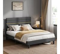 VASAGLE Lit Double, Cadre de Lit, Convient pour Un Matelas de 140 x 200 cm, Tête de Lit Rembourrée Ajustable, en Métal, Bois Massif, Moderne, Gris Ardoise RMB504G01