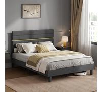 VASAGLE Lit Double, Tête de Lit Rembourrée Ajustable, 140 x 190 cm | Cadre de Lit Moderne, Métal, Bois Massif, Gris ardoise, Collection KACY RMB503G01