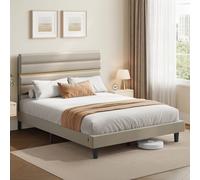 VASAGLE Lit Double, Tête de Lit Rembourrée Ajustable, 160 x 200 cm | Cadre de Lit Traditionnel Basique, Métal, Bois Massif, Beige cappuccino, Collection KACY RMB505LH01