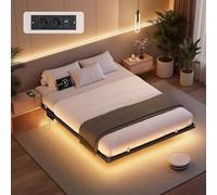 VASAGLE Lit Flottant 140 x 190 cm, avec Lumières LED, Station de Charge | Lit Flottant, 2 Prises CA, 1 Port Type-C, 1 Port USB-A, 1 Port USB-A à l’Arrière, Supporte Jusqu'à 500 kg RMB173B101