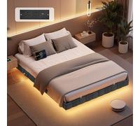 VASAGLE Lit Flottant 140 x 190 cm, Capitonnage Doux, Éclairage LED | Multiprise, 2 Prises CA, 2 Ports USB-A, 1 Port Type-C, Supporte Jusqu'à 500 kg, Gris ardoise, Collection KACY RMB163G101