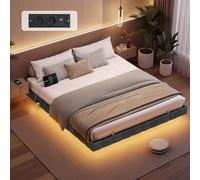 VASAGLE Lit Flottant 160 x 200 cm, Capitonnage Doux, Éclairage LED | Multiprise, 2 Prises CA, 2 Ports USB-A, 1 Port Type-C, Supporte Jusqu'à 500 kg, Gris ardoise, Collection KACY RMB165G101