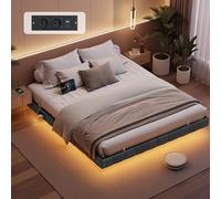 VASAGLE Lit Flottant 180 x 200 cm, Capitonnage Doux, Éclairage LED | Multiprise, 2 Prises CA, 2 Ports USB-A, 1 Port Type-C, Supporte Jusqu'à 500 kg, Gris ardoise, Collection KACY RMB168G101