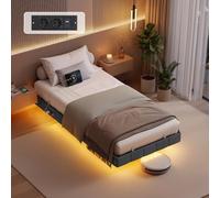 VASAGLE Lit Flottant 90 x 190 cm, Capitonnage Doux, Éclairage LED, Multiprise, 2 Prises CA, 1 Port USB-A, 1 Port Type-C, 1 Port USB-A à l’Arrière, Supporte Jusqu'à 250 kg, Gris Ardoise RMB161G101