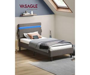 VASAGLE Lit Simple en Métal, 90 x 190 cm, Cadre de Lit, Tête de Lit Réglable, Éclairage LED, Prise Port USB et Type-C, Gris Foncé