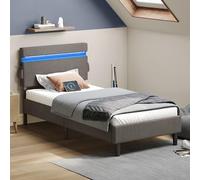 VASAGLE Lit Simple en Métal, 90 x 190 cm, Cadre de Lit, Tête de Lit Rembourré Réglable, Éclairage LED, Prise Port USB et Type-C, Style Moderne, pour Chambre d’Amis, Adolescent, Gris Foncé RMB801G71V1