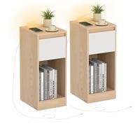 VASAGLE Lot de 2, Table de Chevet Étroite, avec Éclairage LED | Table de Nuit, 1 Port USB-A, 1 Port USB-C, Tiroirs et Compartiments Ouverts, Beige chêne, Collection KAILYN LET710Y01