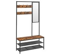 VASAGLE Meuble d’Entrée avec Crochets, Miroir, Banc et Étagère à Chaussures, Porte-Manteaux, Vestiaire, 35 x 98 x 180 cm, Couloir, Chambre, Style Industriel, Marron Rustique et Noir d'encre HSR415B01