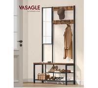 VASAGLE Meuble d Entrée, Vestiaire, avec Crochets, Miroir, Banc à Chaussures et Étagères, 36 x 98 x 185 cm, Marron et Noir