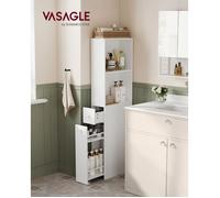 VASAGLE Meuble de Salle de Bain Haut Meuble de Rangement Fin Colonne avec Tiroirs et Étagère Réglable Armoire Placard Blanc