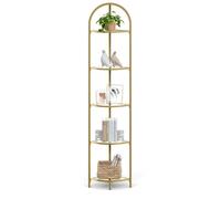 VASAGLE Meuble Étagère d'angle à 5 Niveaux, Cadre en Métal, Étagère de Rangement en Verre Trempé, Antirouille, Moderne, Doré