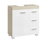 VASAGLE Meuble sous lavabo, Meuble de Salle de Bain, 3 Tiroirs Latéraux, 2 Cases derrière la Porte, pour Lavabos sur Colonne, avec Pieds, 30 x 60 x 64 cm, Blanc Nuage et Beige Naturel BBK514LL01