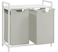 VASAGLE Panier à linge 2 compartiments, Panier à linge avec étagère, Caisse à linge, tissu Oxford cadre métallique amovible, 2 x 46 L, 73 x 33 x 72 cm, Blanc