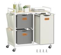 VASAGLE Panier à Linge, 3 Compartiments, Corbeille 100 L, Bac, Roulettes, Chariot avec Étagères, Sac, Poches Latérales, 6 Étiquettes, Beige Naturel, Gris Tourterelle et Blanc Crème BLH202G01