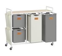 VASAGLE Panier à linge avec 4 compartiments, 150 L, chariot à linge roulant avec étagères, doublures amovibles, 6 étiquettes, beige naturel, gris tourterelle et blanc crème BLH203G01