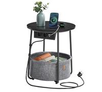 VASAGLE Petite Table Basse Ronde, avec Panier en Tissu et Multiprise | Table d'Appoint, Rangement, pour Salon, Chambre, Style Moderne, Noir Boisé et Gris Ardoise, Collection LILEA LET228B02