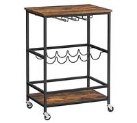 VASAGLE Porte bouteilles, Chariot de bar, Étagère mobile, avec supports pour verres et etagère à Vin, 60 x 40 x 75 cm, Marron Rustique et Noir LRC087B01