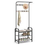 VASAGLE Porte-manteau avec Étagère à Chaussures, Meuble d’Entrée avec Banc, 4-en-1, 9 Crochets Amovibles, Vestiaire, 33,7 x 72 x 183 cm, Style Industriel, Grège et Noir HSR40MB